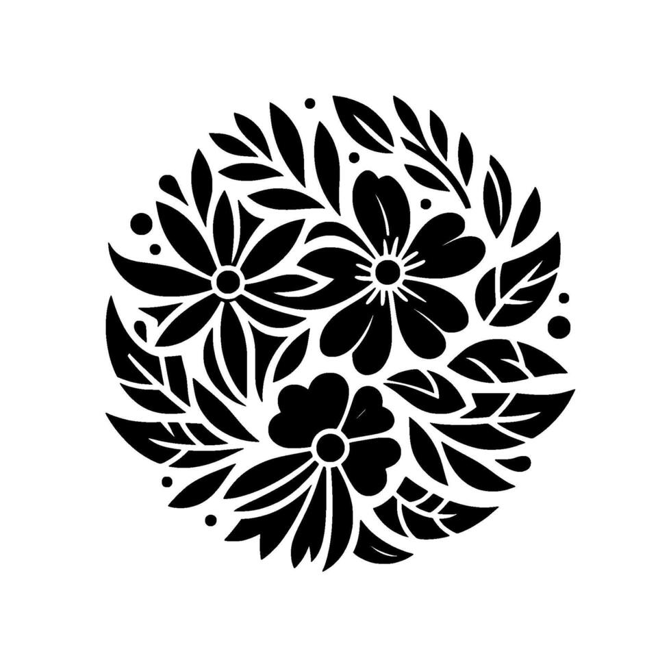 Black and white floral circle featuring stylized flowers and leaves, arranged in a symmetrical and decorative pattern, on a clean background. vector