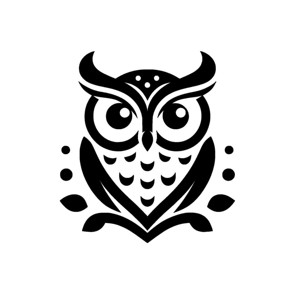 Stylized, symmetrical black and white owl illustration with a focus on bold lines, circular elements, and minimalist aesthetic. vector