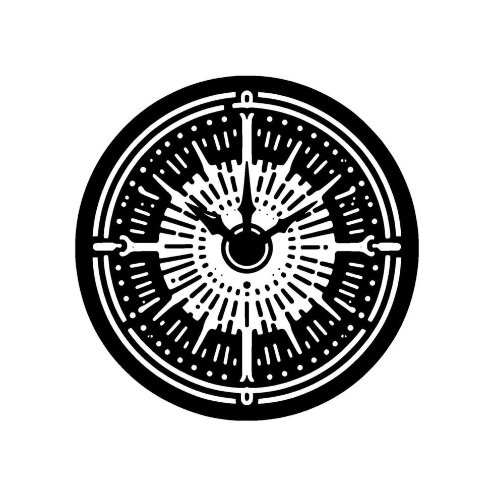 Stylized black and white illustration of an intricate circular resembling a clock face, radial patterns, and dotted outlines. vector
