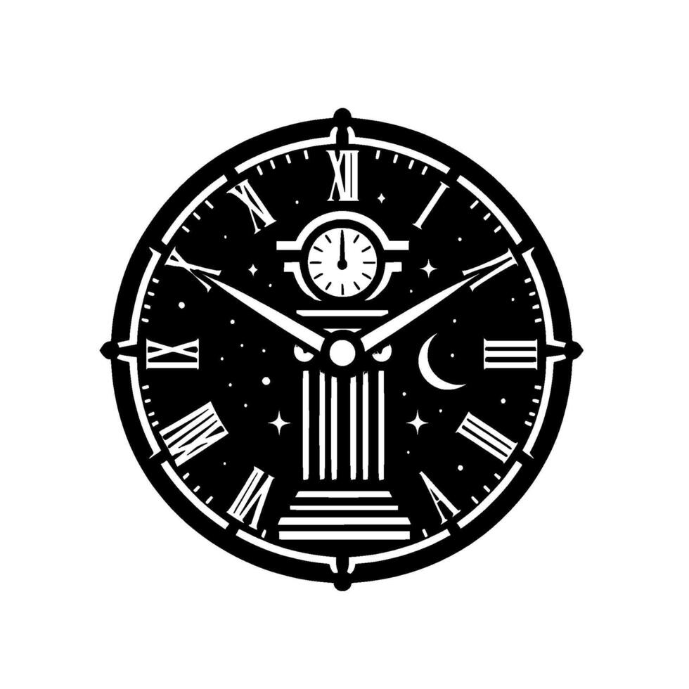Celestial Roman Numeral Clock A detailed black and white illustration featuring a night sky background, Roman numerals, a moon, and a stylized pillar . vector