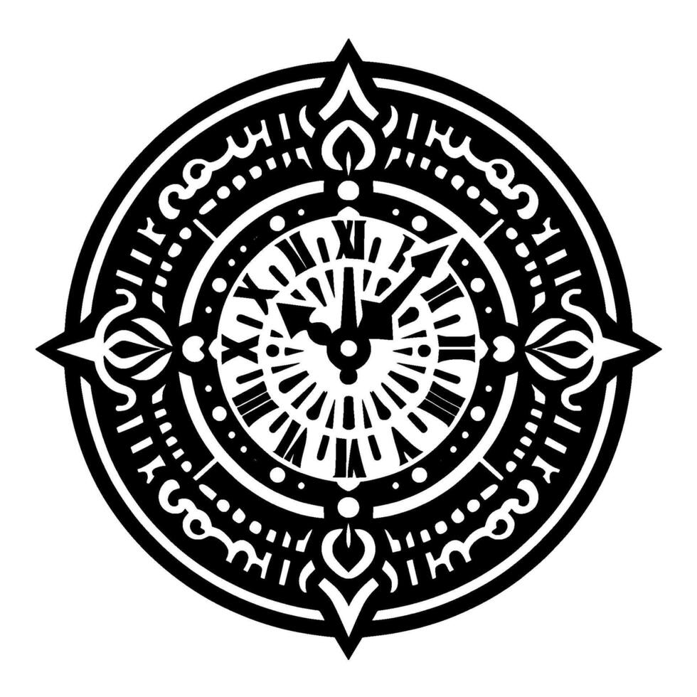 Ornate Black and White Compass RoseStyle Clock Face Featuring Arabic Calligraphy and Roman Numerals. vector