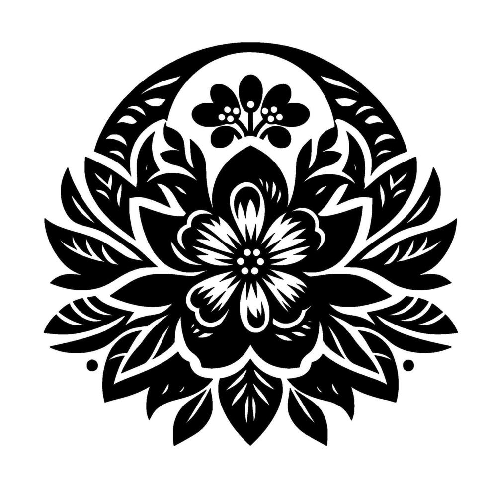 Intricate black and white floral featuring a central blooming flower, surrounded by leaves and a decorative arched border. vector
