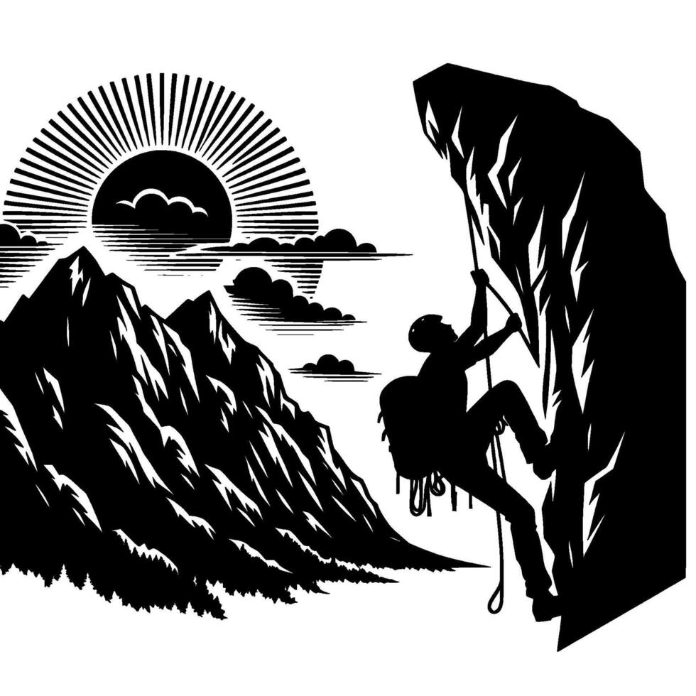 Dramatic black and white illustration of a mountain climber ascending a rocky cliff face, a stylized sun and mountain range in the background. vector