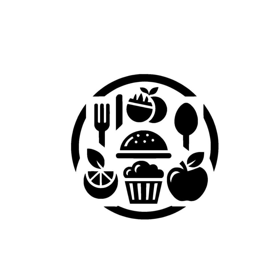 Minimalist Monochrome Food Set Fruit, Burger, and Utensils in a Circular Composition on White. vector