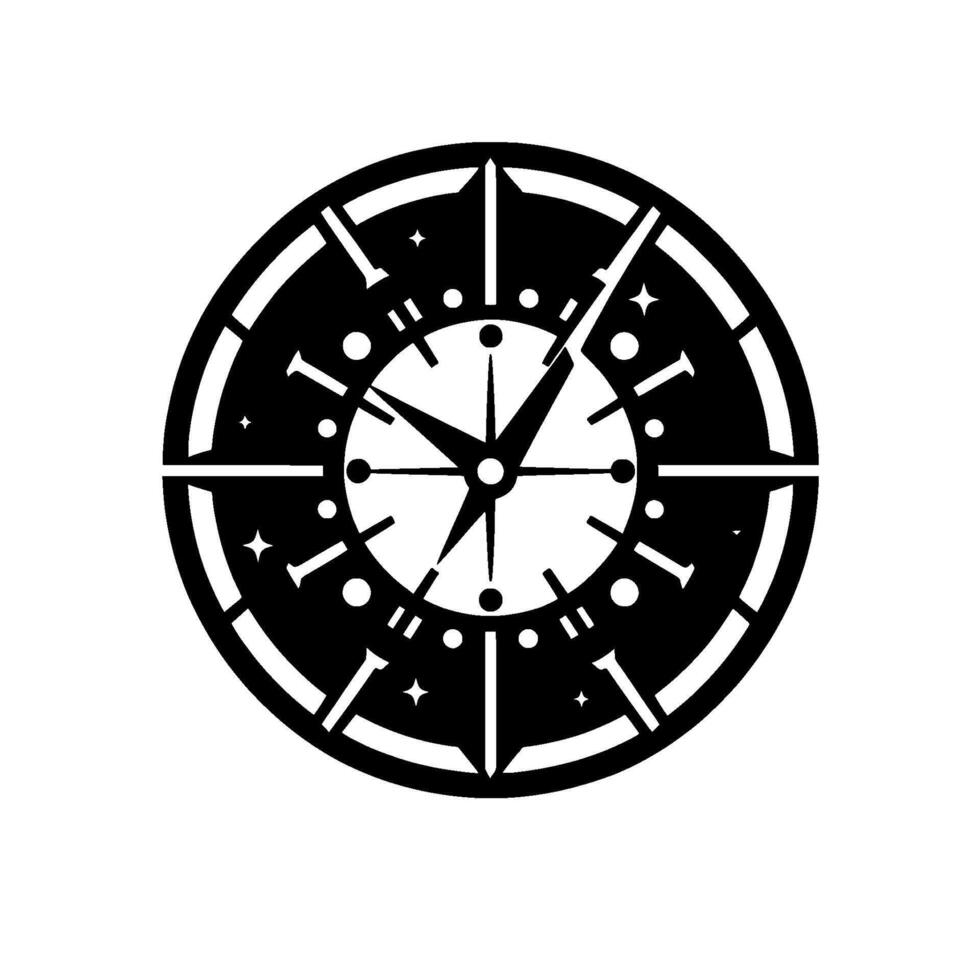 Stylized Black and White Clock with Compass Rose Elements, Stars and Geometric, Modern Composition. vector