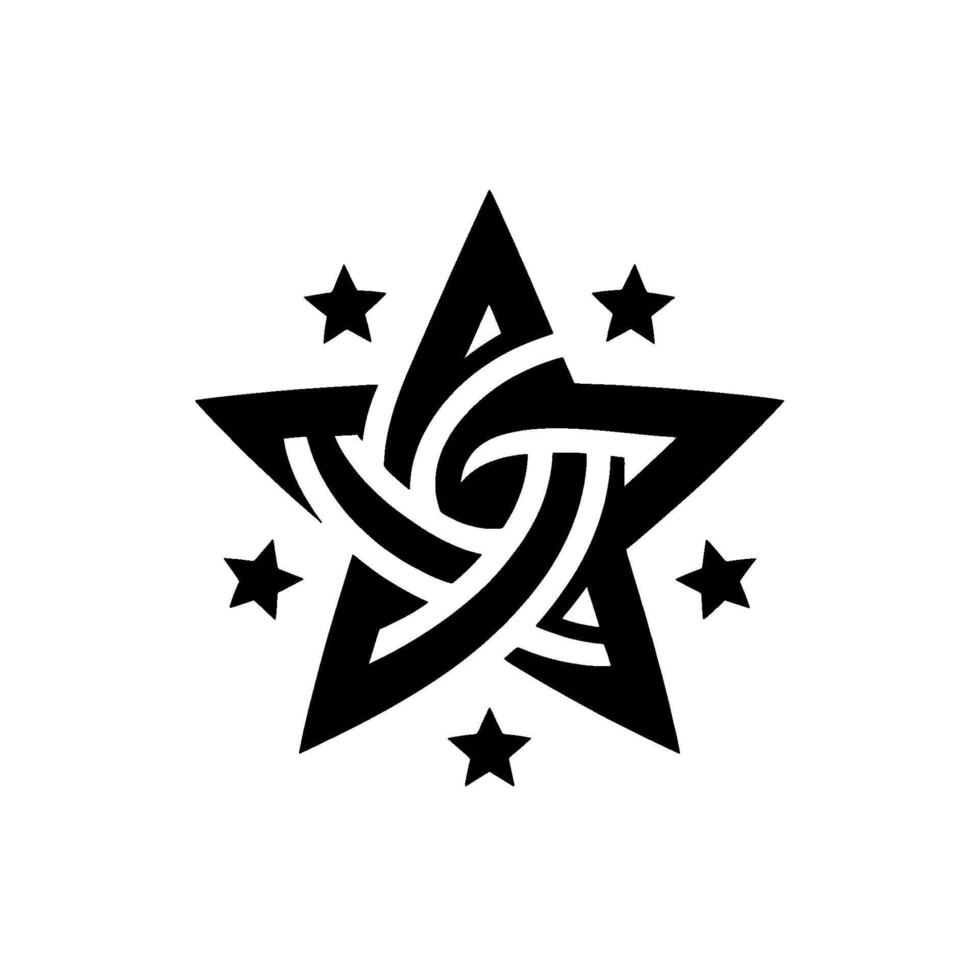 Intricate Black Star with Intertwined Central Knot, Surrounded by Six Smaller Stars on a White Background. vector