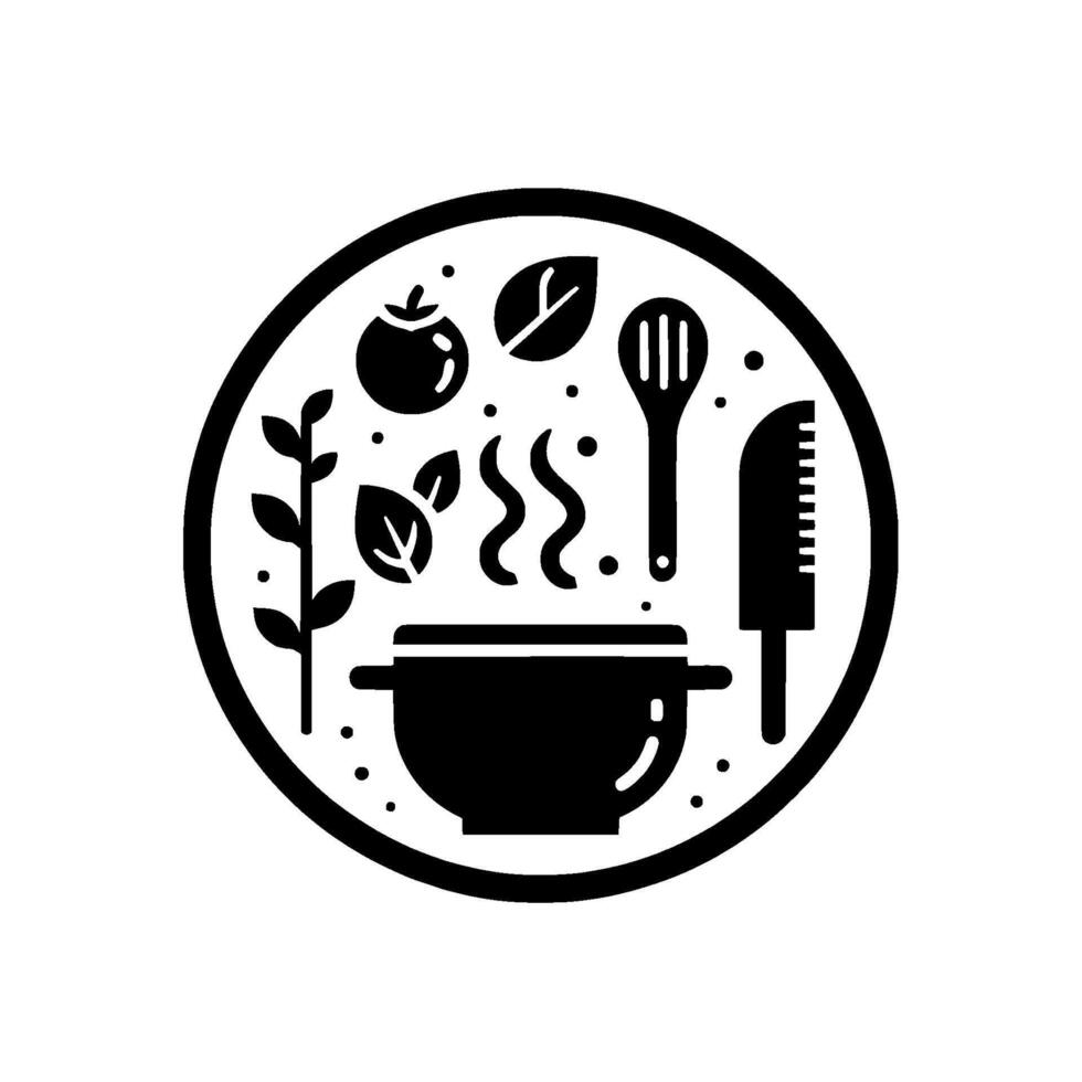 Minimalist Black and White Circular Illustration of Cooking Elements Pot, Knife, Spoon, Vegetables and Herbs, representing fresh ingredients and culinary preparation. vector