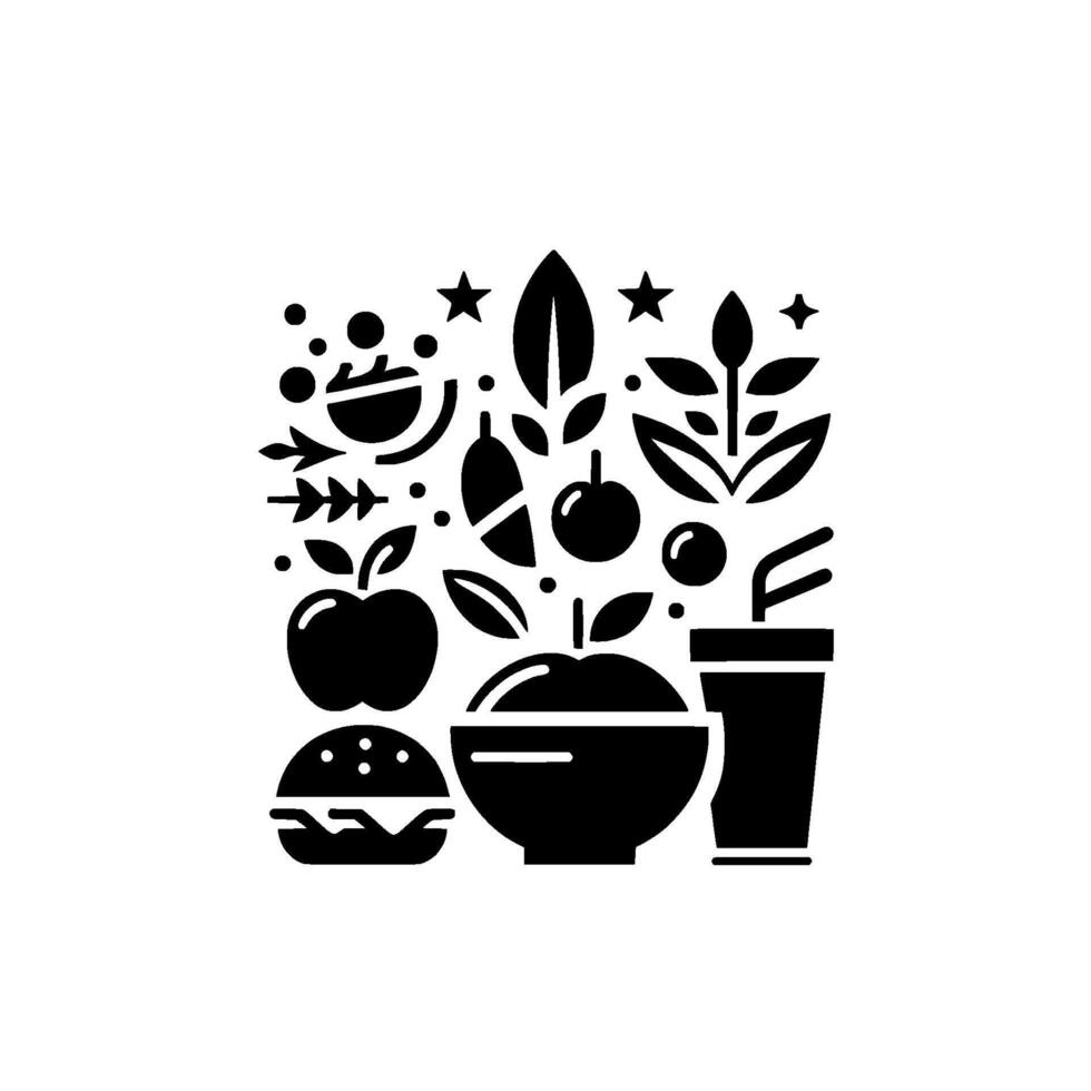 Monochromatic Food Beverage Composition featuring Apples, Salad, Burger, Bowl, Drink, Leaves, Stars Dots, conveying HealthyUnhealthy choices. vector