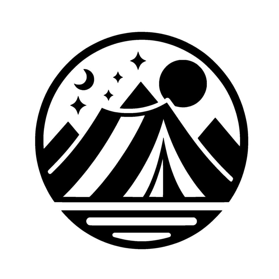Black and White Round Emblem Camping Scene with Tent, Mountains, Stars, Moon, and a Sun, Depicting Night or Dusk Outdoors. vector