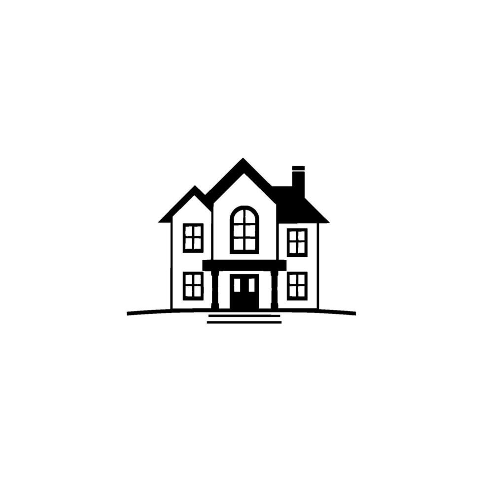 Monochromatic, stylized black and white illustration of a classic twostory house, with prominent windows, a porch, and a chimney, set against a clean white background. vector