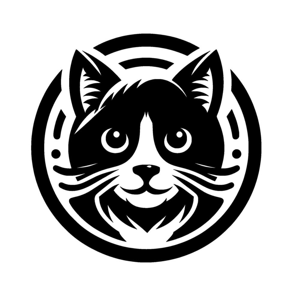 A stylized, minimalist black and white illustration of a smiling cats face, contained within a circular with decorative elements. vector