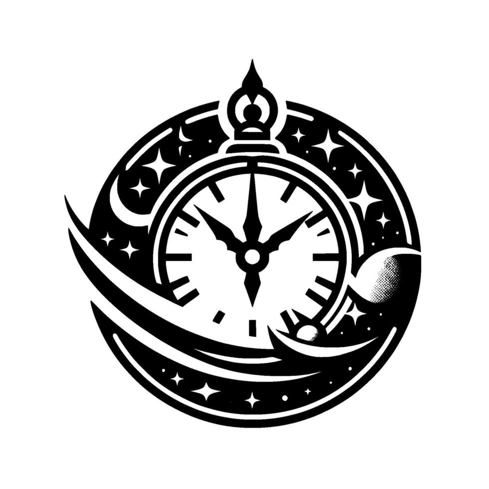Celestial pocket watch featuring a clock face, crescent moons, stars, and a stylized crown, rendered in a minimalist black and white style. vector