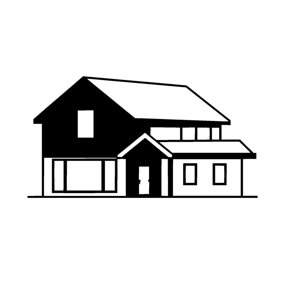 Minimalist Illustration of a TwoStory House with Contrasting Black and White Color Scheme, Featuring Geometric Shapes and Modern . vector