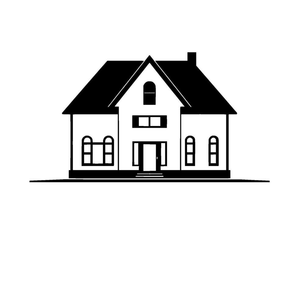 Black and white illustration of a classic suburban house with gabled roof, symmetrical facade, arched windows, and chimney against a clean white background. vector