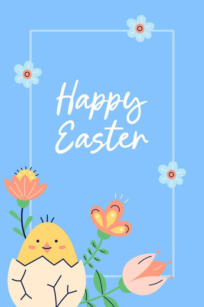 Cute poster With chicken and flowers for Happy Easter holiday. Design with text on blue background. Happy Easter hand drawn card. Flat illustration with partial outline. illustration. vector
