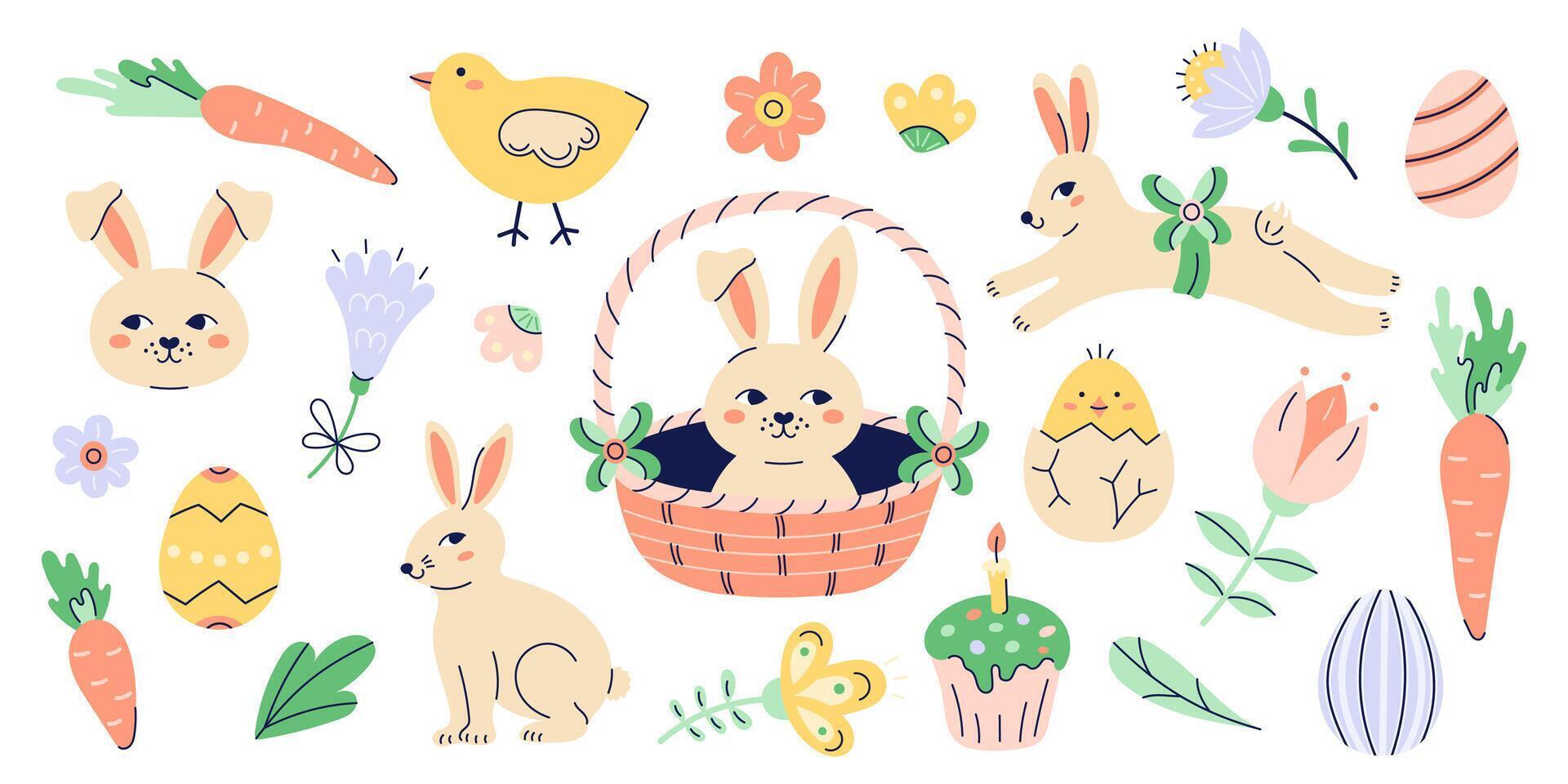 Happy Easter illustrations set With Bunnies, chickens and eggs. Happy Easter hand drawn card. Flat illustration with partial outline. Isolated illustration on white background. vector