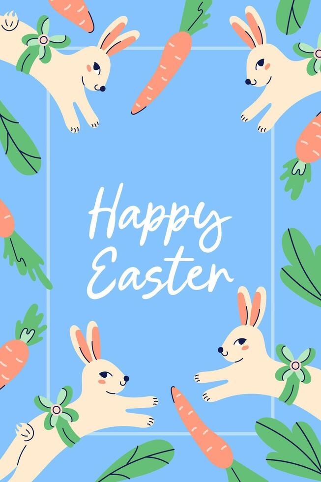 Cute poster With Bunnies and carrots for Happy Easter holiday. Design with text on blue background. Happy Easter hand drawn card. Flat illustration with partial outline. illustration. vector