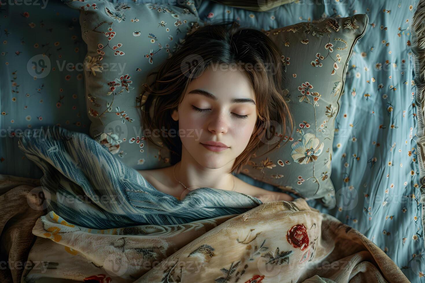 A woman with black hair sleeps peacefully in a bed with blankets and pillows photo