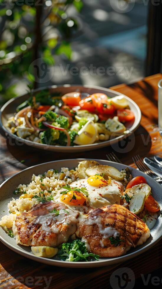 two plates of food are sitting on a wooden table photo