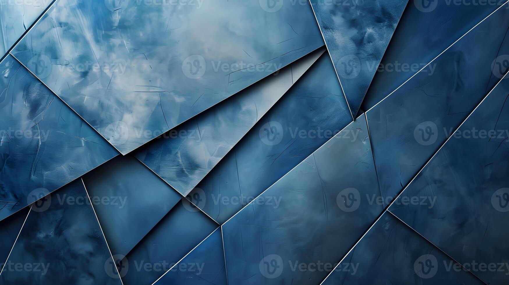 Electric blue triangle pattern on azure tile wall with cloudy sky backdrop photo