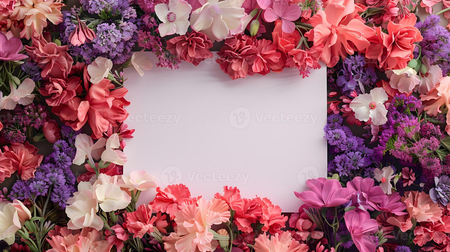 A white card stands among the colorful flowers and plants in the garden photo