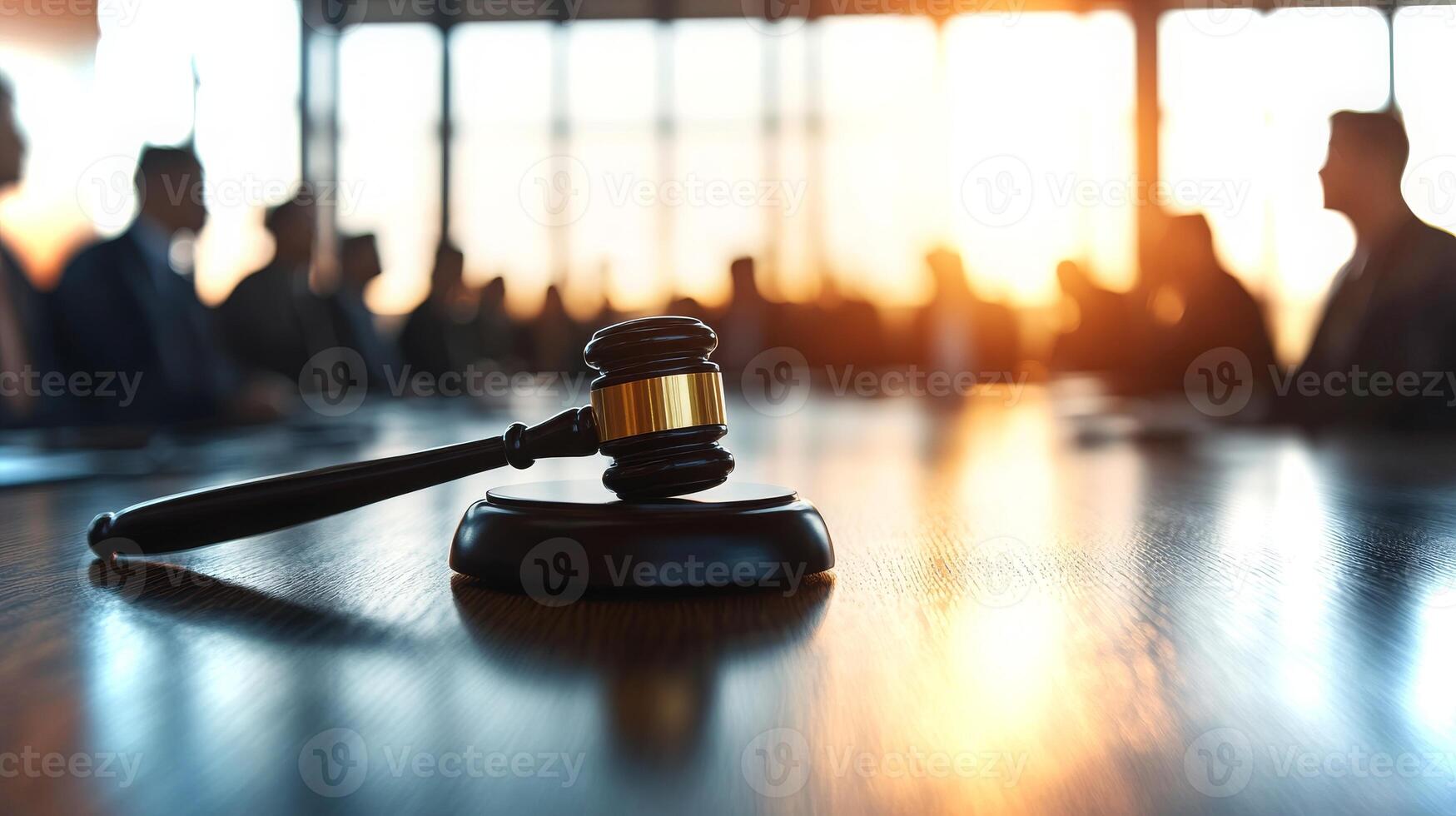 A gavel rests on a polished table as officials engage in discussions during a legal meeting at sunset. The warm light creates a serious atmosphere. photo