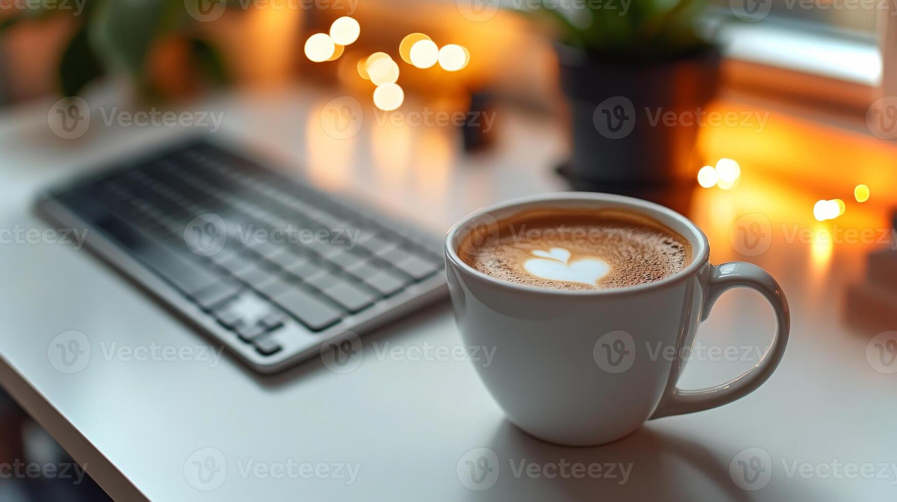 A clean and minimalist workspace features a white coffee cup with a heart design alongside a keyboard, illuminated by soft ambient light from behind. photo