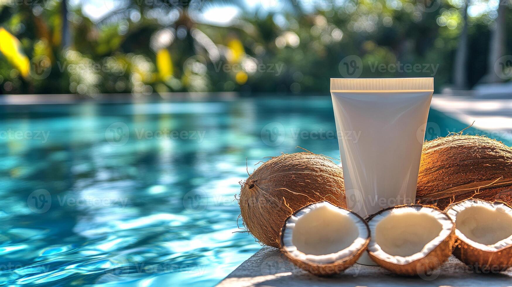 A close-up reveals a white tube of natural sunscreen placed near half-cut coconuts by a sparkling blue pool, suggesting a refreshing day under the sun. photo