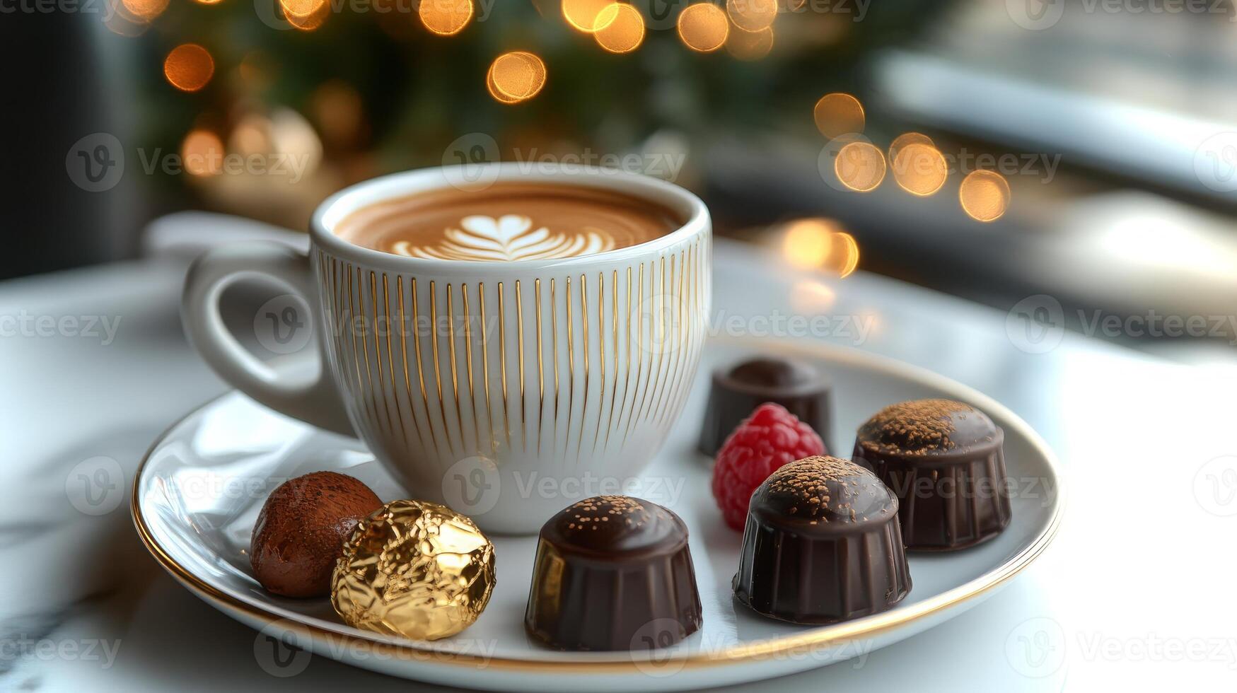 Savoring premium chocolate truffles and a perfectly crafted latte adorned with artistic patterns in a luxury dining environment, filled with festive ambiance. photo