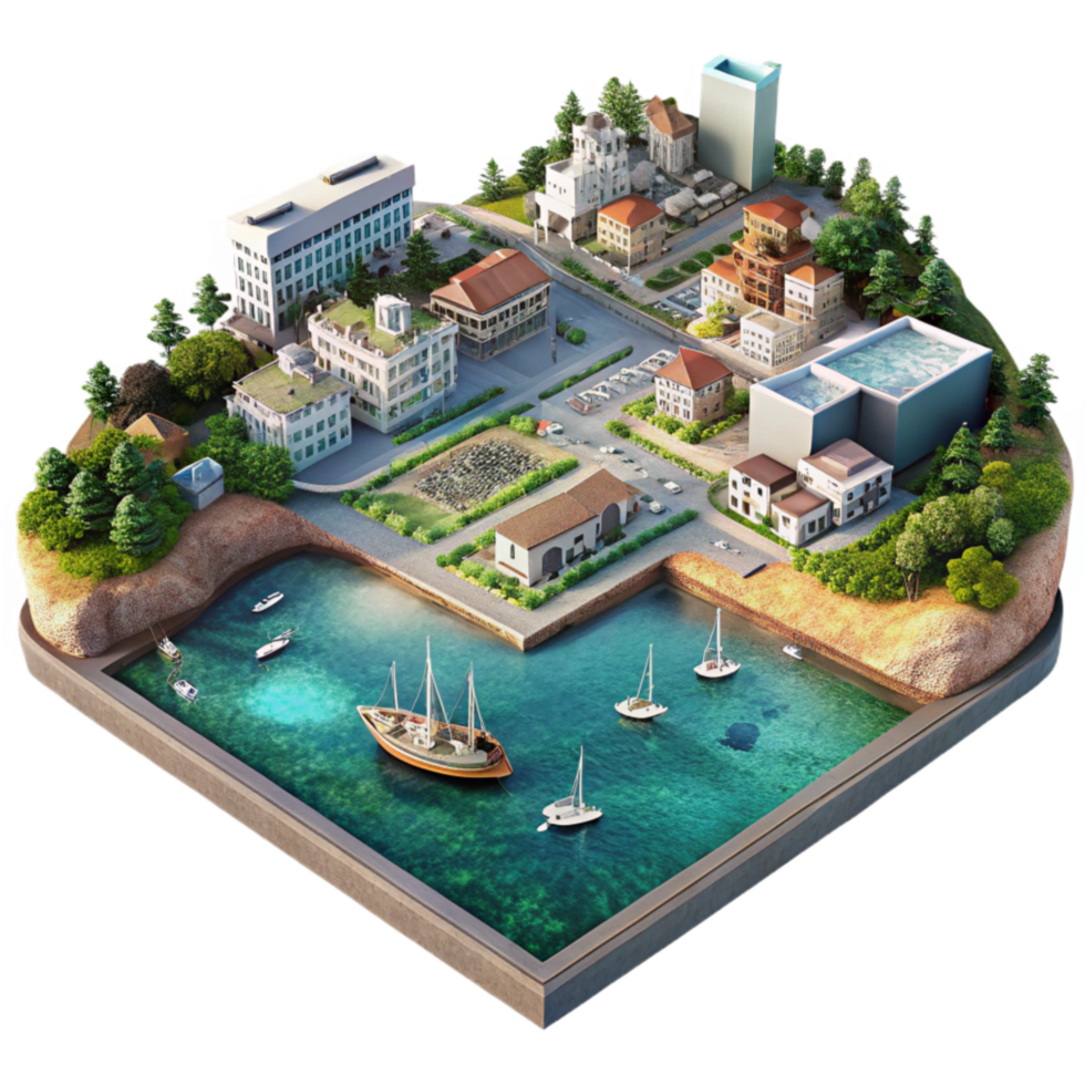 impressive vintage Aerial Photograph of Coastal Town with Harbor Isolated 4K png