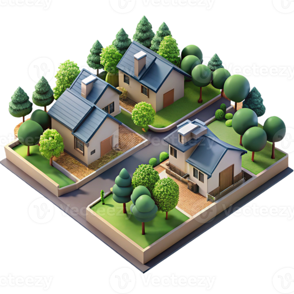 vibrant modern Aerial View of Suburban Neighborhood with Gardens Isolated high quality png
