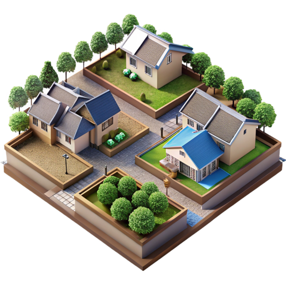 elegant traditional Aerial View of Suburban Neighborhood with Gardens Isolated premium png