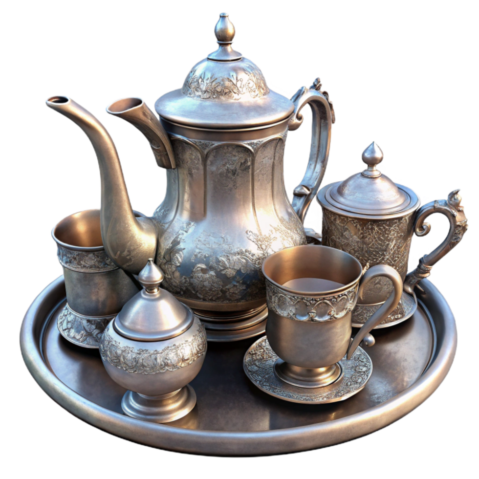 serene artistic Antique Tea Set Porcelain and Silver Transparent Background authentic png