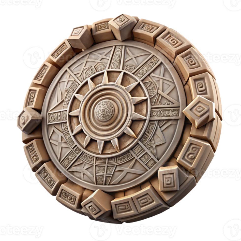 impressive minimalist Aztec Calendar Stone Carved Detail Transparent Background 4K png