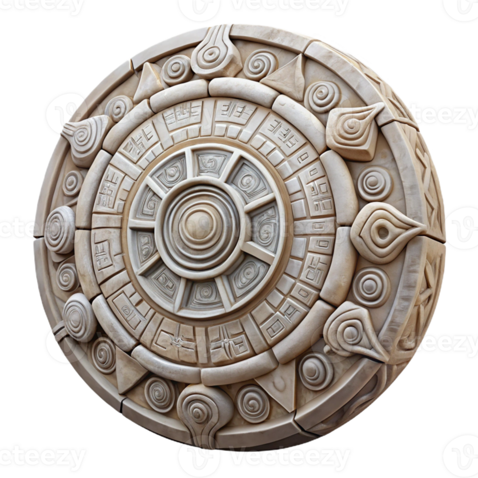 wonderful abstract Aztec Calendar Stone Carved Detail Transparent Background 4K png