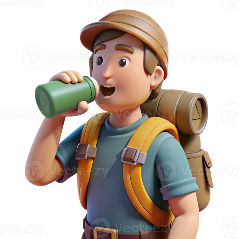 elegant artistic Backpacker Drinking Water From Bottle Cutout exclusive png