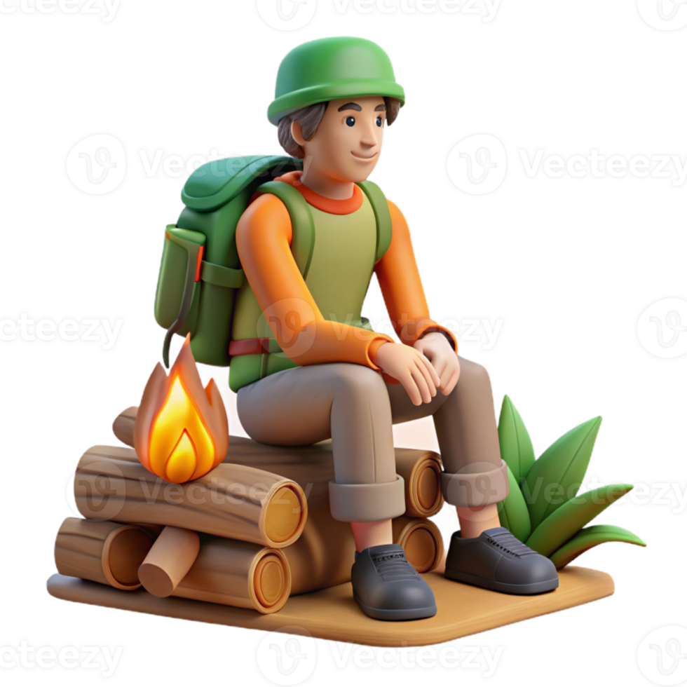 vibrant abstract Backpacker Sitting on Log by Campfire Cutout premium png