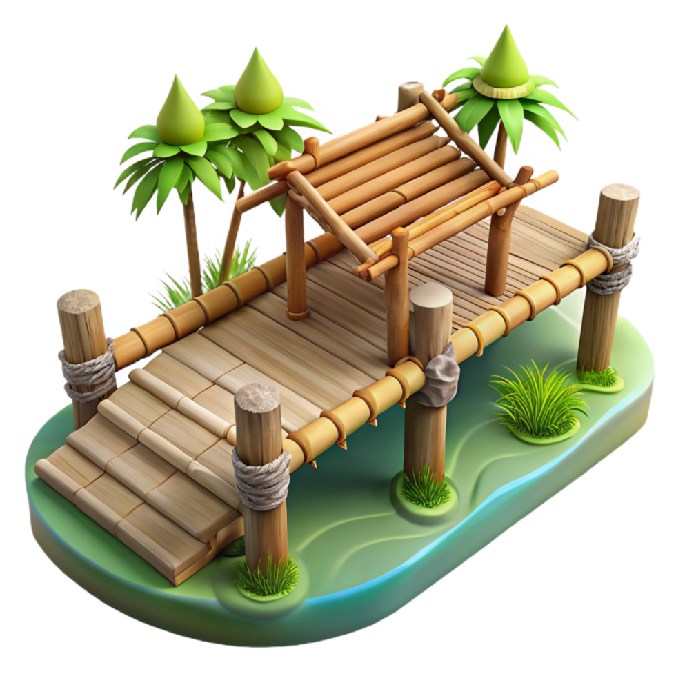 extraordinary rustic Bamboo Bridge Over River Isolated on White 4K png