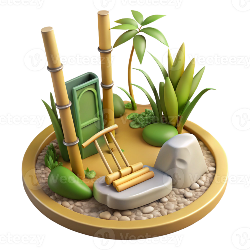 vibrant modern Bamboo Zen Garden with Rake Transparent Background detailed png