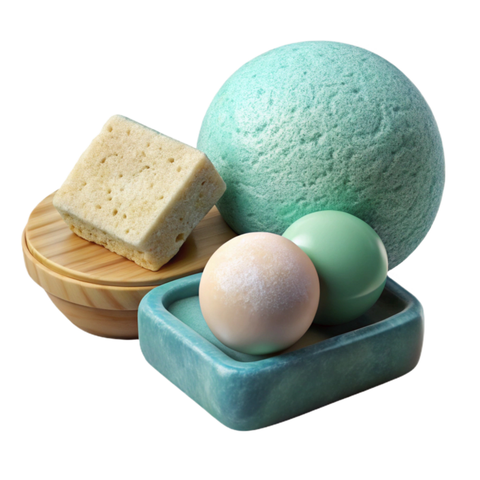 dramatic abstract Bath Bombs and Soap Flat Lay Transparent Background original png