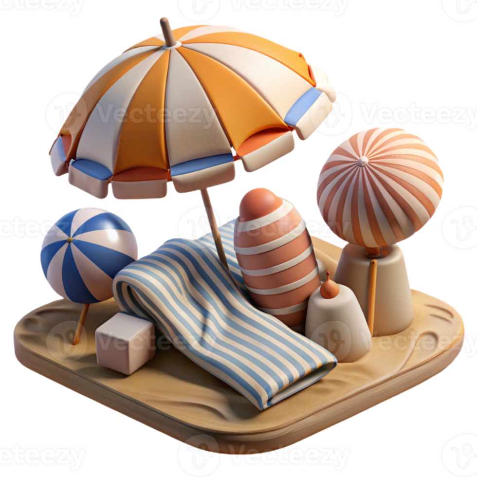 wonderful rustic Beach Scene with Umbrellas and Towels Transparent Background Cutout genuine png