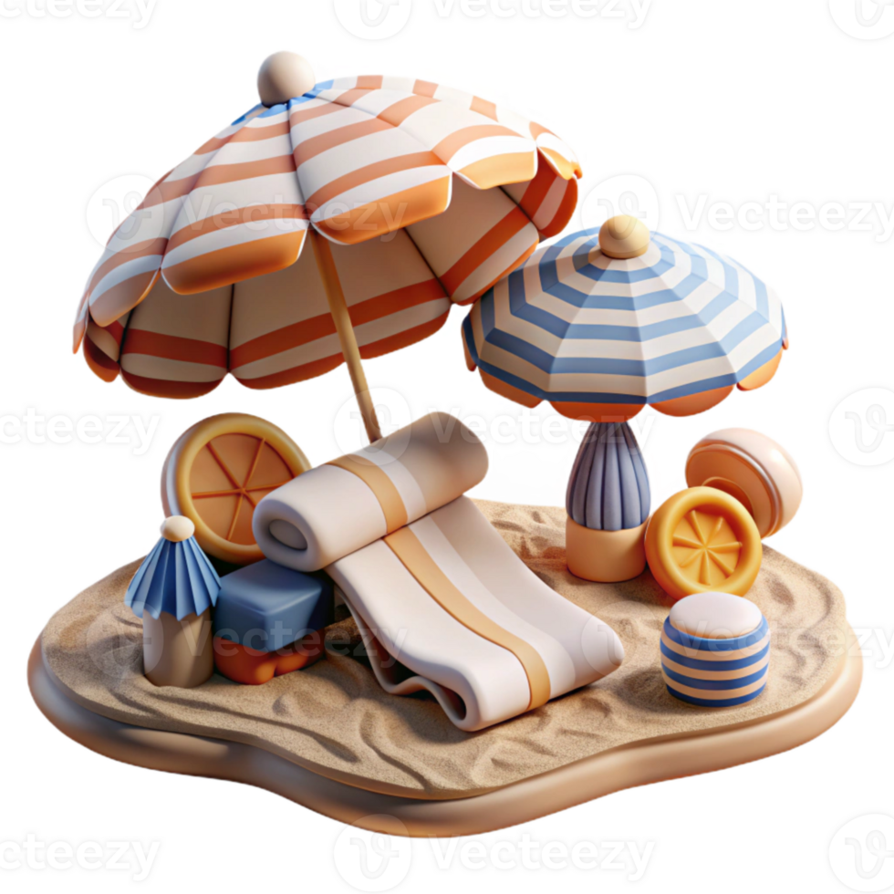 beautiful contemporary Beach Scene with Umbrellas and Towels Transparent Background Cutout high resolution png