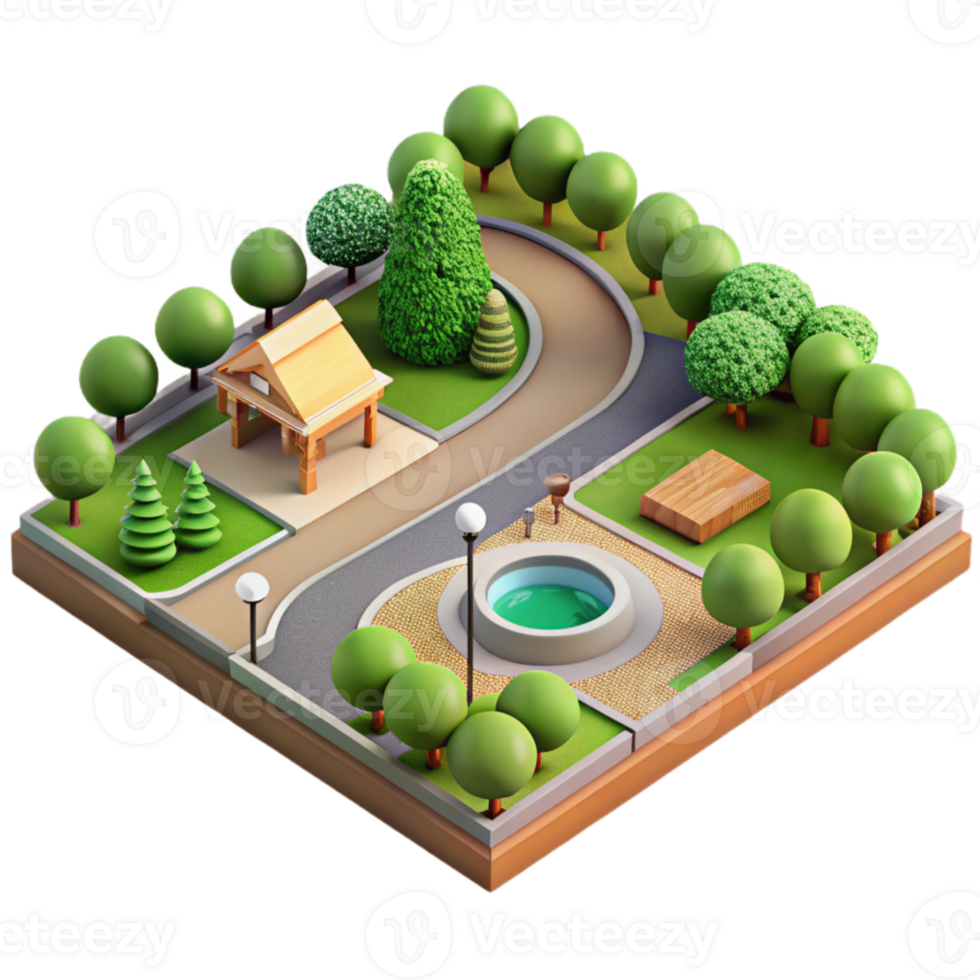 wonderful vintage Birdseye Perspective of City Park with Playground Transparent Background high quality png