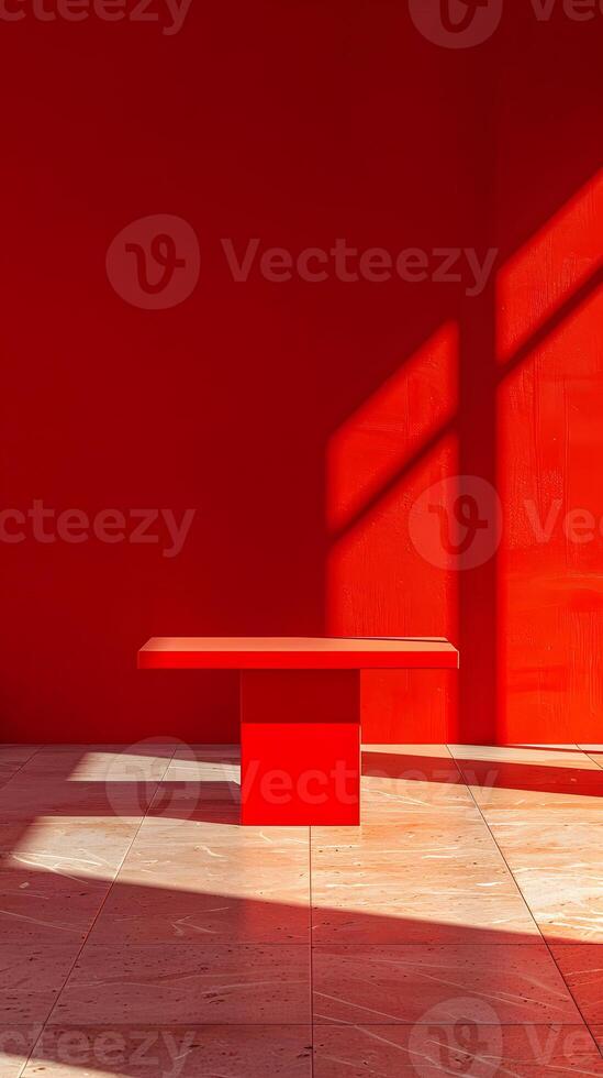 A hardwood red bench rests in front of a magenta wall photo