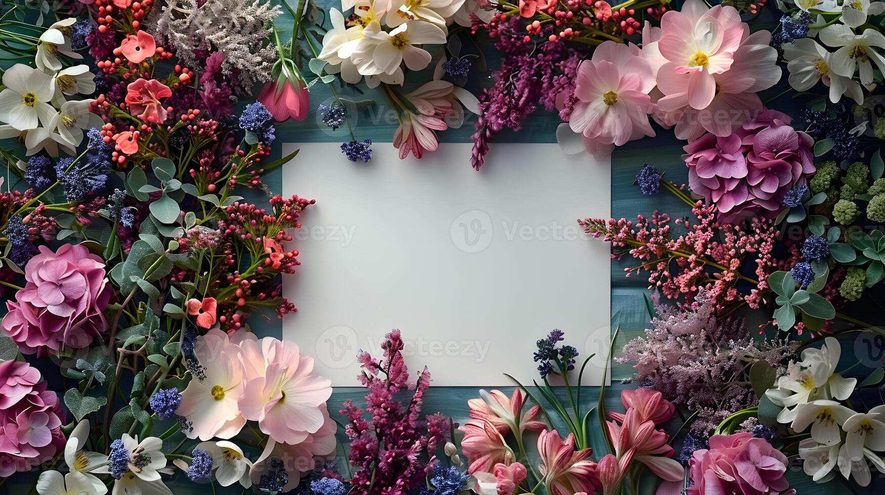 A white paper amidst the colorful flowers in the garden photo