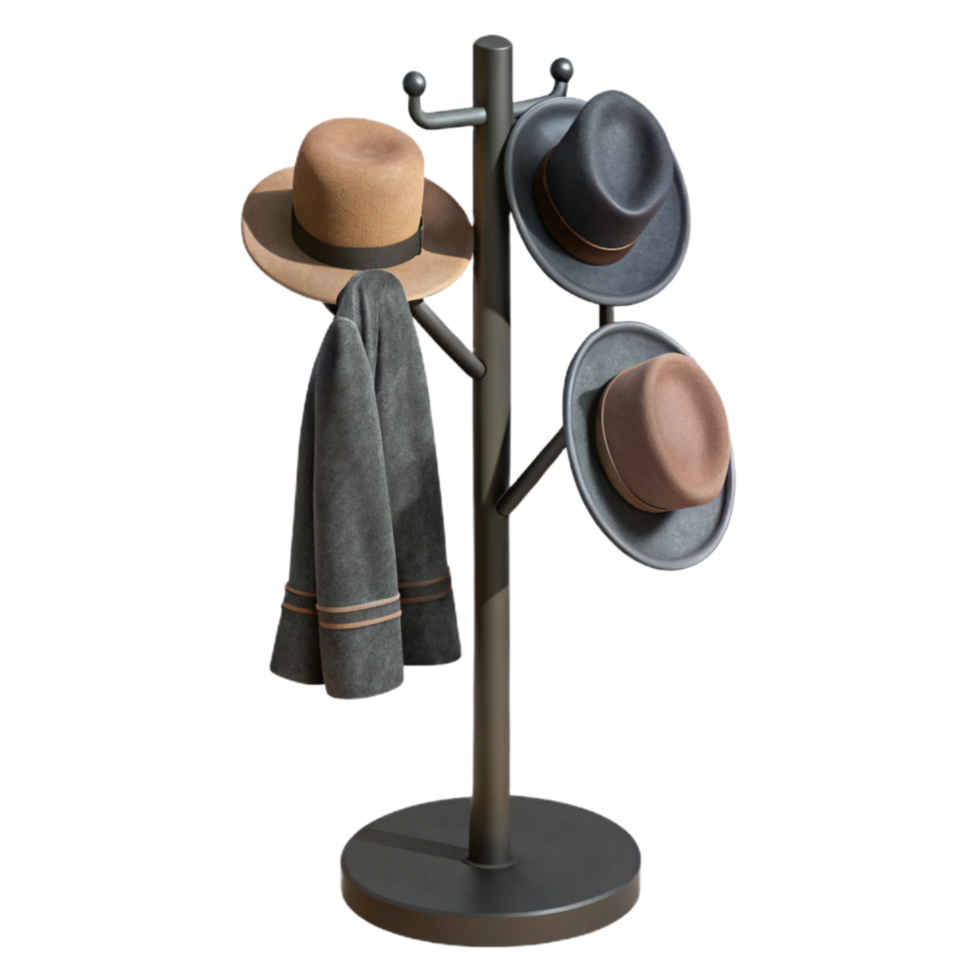 dramatic abstract Black Metal Coat Rack with Hats and Coats Isolated high quality png