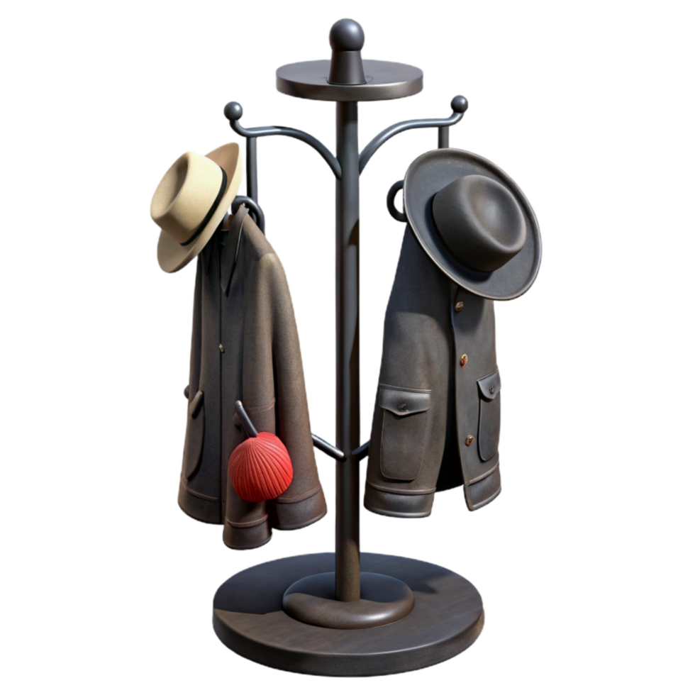 extraordinary rustic Black Metal Coat Rack with Hats and Coats Isolated detailed png