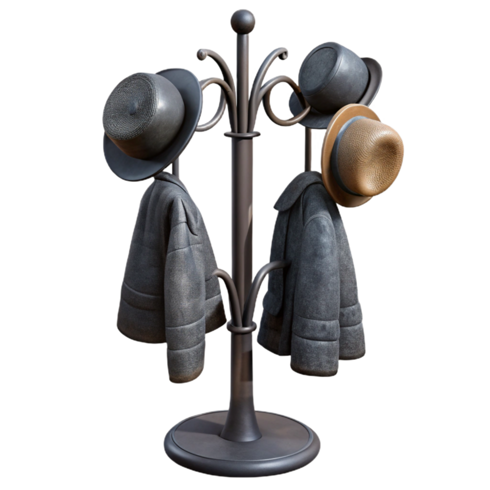 impressive rustic Black Metal Coat Rack with Hats and Coats Isolated high quality png