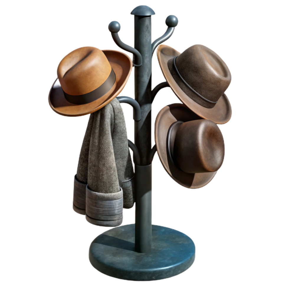 wonderful classic Black Metal Coat Rack with Hats and Coats Isolated 4K png