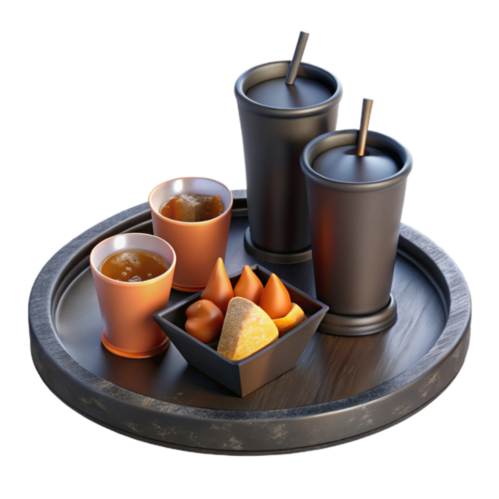 impressive artistic Black Metal Tray with Drinks and Snacks Cutout 4K png